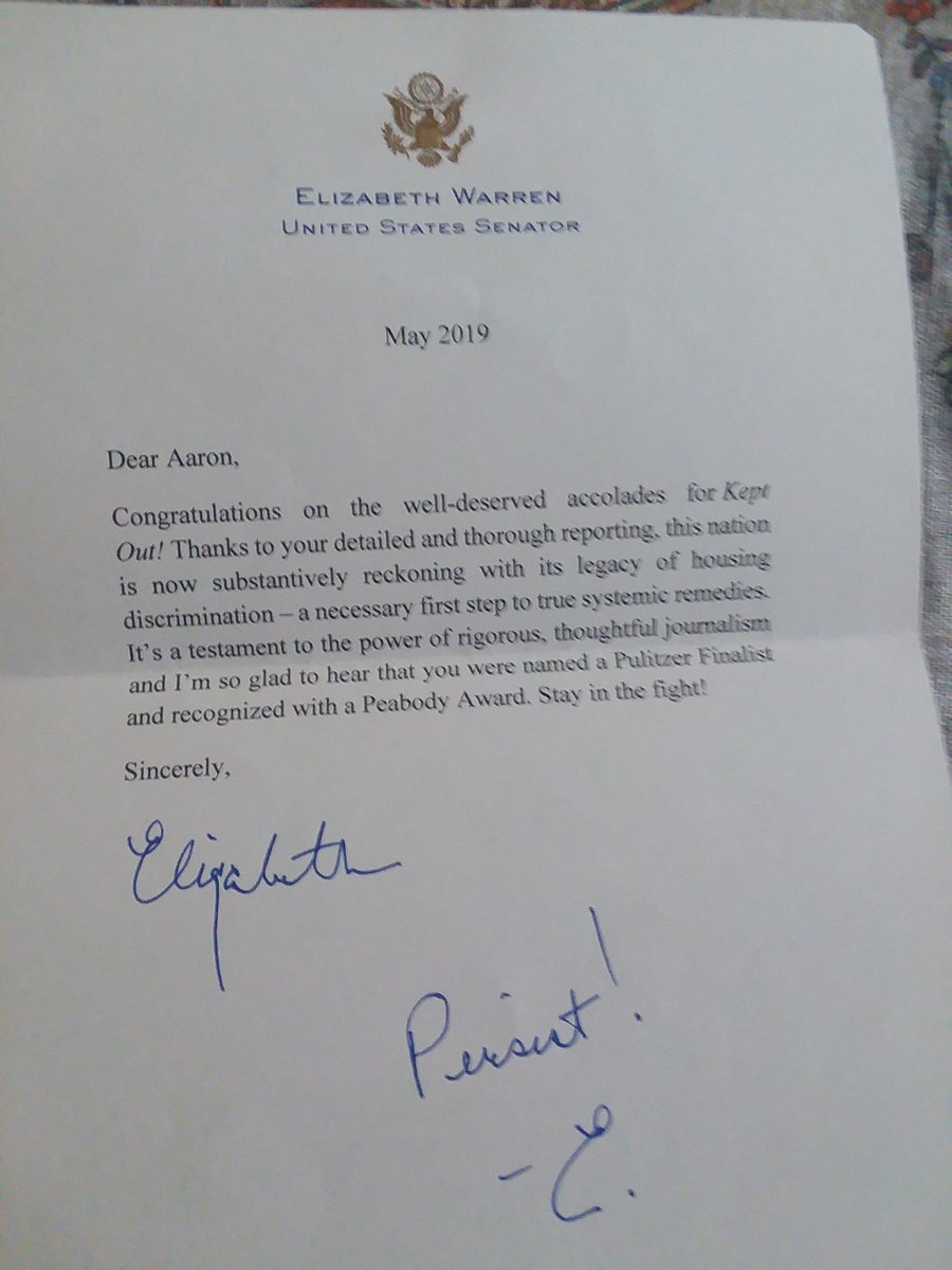 Aaron_Glantz's tweet photo. The current tiff between @MikeBloomberg and Elizabeth Warren over redlining reminds me of this note @ewarren sent me after @reveal's 2018 investigation exposing endemic modern-day redlining won a Peabody Award and was a finalist for the Pulitzer.

"Stay in the fight!" she wrote https://t.co/Du2wAa6jAe
