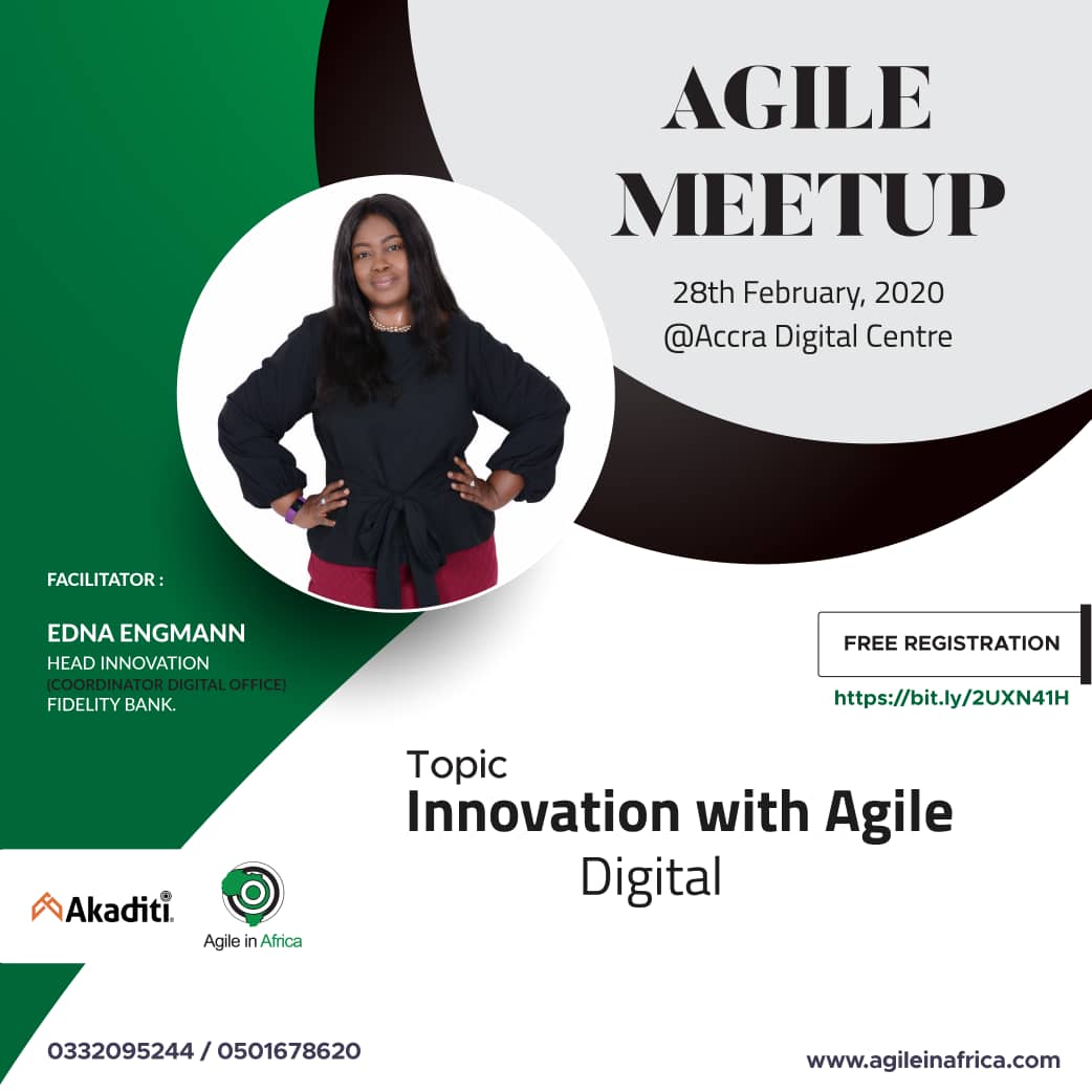 Come join us Friday at the Accra Digital Center and #transform your mind. 
#Agilemeetup
#DigitalTransformation
#AgileInnovation
#Agile 
#Scrum 
#Akaditi

Empowering people to do great things together.