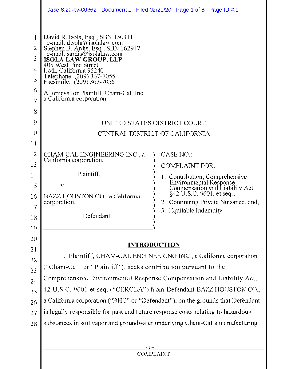 LTFL_Envl's tweet photo. Cham-Cal Engineering, Inc. filed a #CERCLA contribution action against @bhisolutions in the Central Dist of Cal seeking to hold Bazz Houston liable for the clean-up of hazardous substances in soil underlying Cham-Cal’s site in #GardenGrove California https://t.co/m7H7XoYQVX https://t.co/j6UIR8ni51