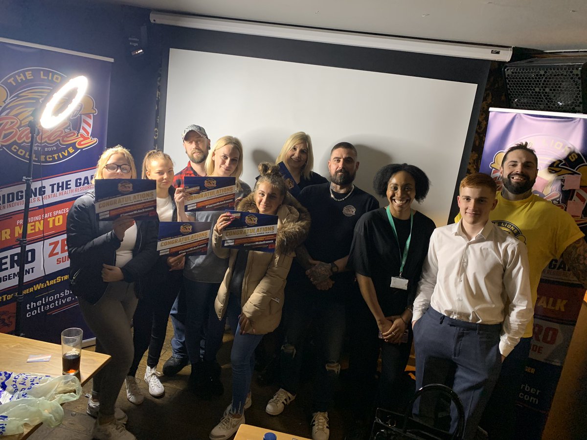 HeresTommy's tweet photo. Aaaand another #BarberTalk training session!! 🦁♥️
Today we’ve been in Sutton, London with a fantastic group who once again showed great ability to recognise ask listen and help! 
HUGE THANK YOU TO EVERYONE for today!
Here’s to the next one! 
@TheLionsBarbers https://t.co/PdQWJu1Tue