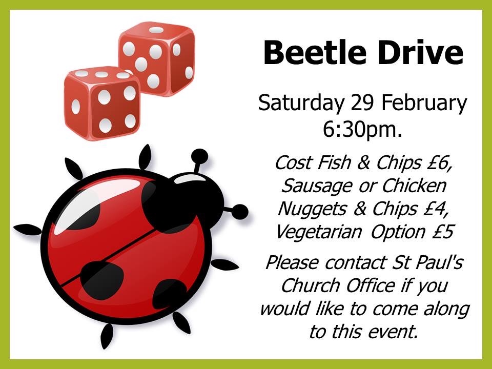 Join St Pauls Church for a classic game of Beetle Drive! Saturday 29th February at 6.30pm. Please confirm your place with the Church Office! #ARCH #CanfordHeath