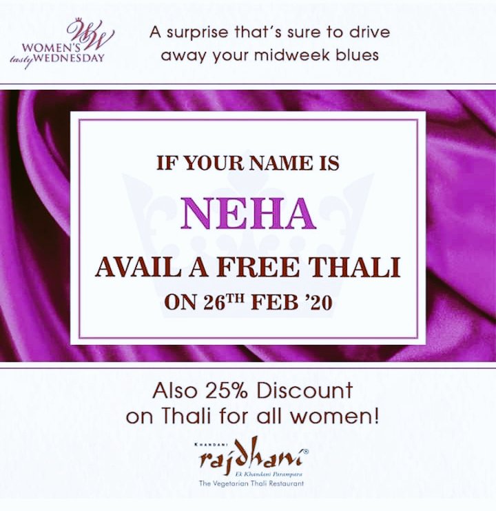 TheSocialVogue's tweet photo. Have loved my name for the first time ever ☺️☺️ thanks to @Rajdhani_Thali
Having a common name has it's own advantages too 😁😁😊😊
#BeingNeha #Neha @Rajdhani_Thali giving a #FreeThali to all "Nehas" and 25% off to all women on 26 Feb 2020 ❤️❤️🤍🤍💗💗💟💟 https://t.co/fTTcRSLeaB