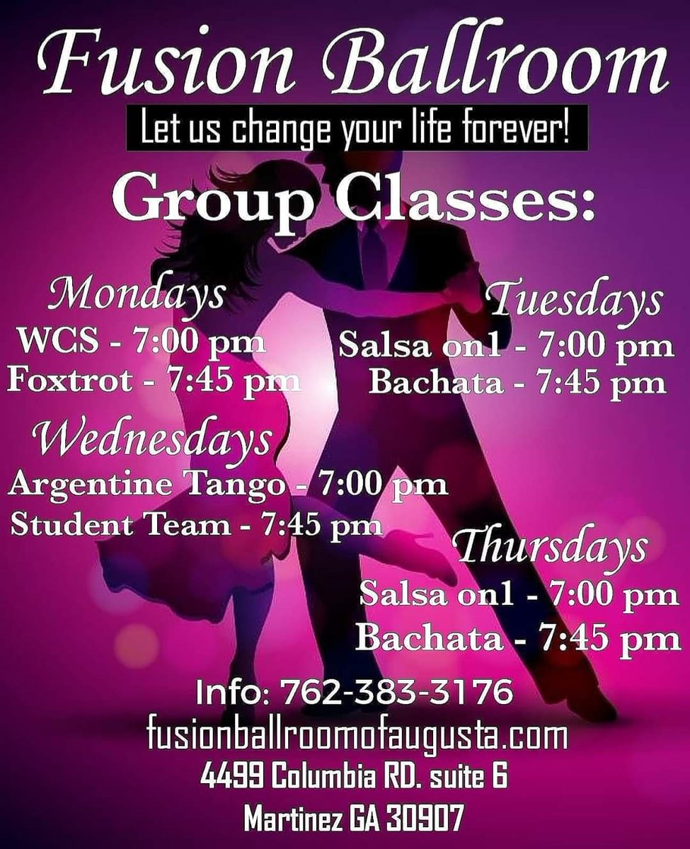 FusionBallroom's tweet image. Tonight at Fusion Ballroom:

West Coast Swing at 7:00 pm and Foxtrot at 7:45 pm with Robi Simpson. First class is free for all new clients. Come dance with us!

Fusion Ballroom is located at 4499 Columbia Rd, Suite 6, Martinez, GA, 30907. For more info call us at (762) 383-3176.