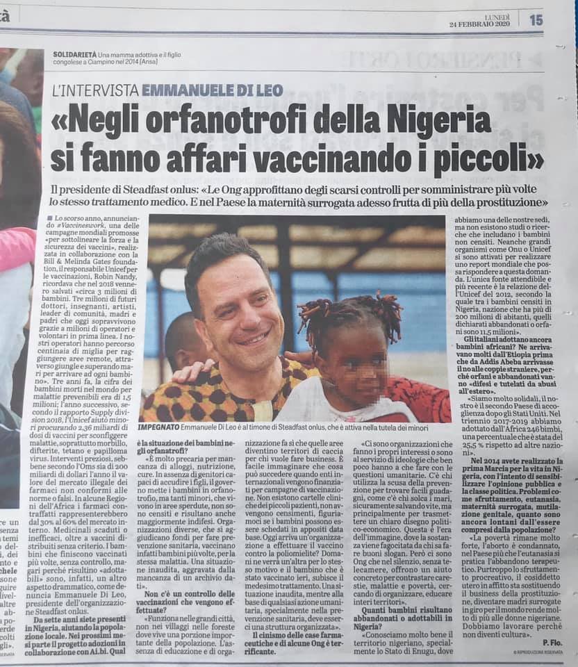 SteadfastNGO's tweet photo. Intervista su #AdozioniInternazionali sul giornale @LaVeritaWeb  del nostro presidente.

#steadfastonlus
#nigeraid

https://t.co/ckcVZv5fT4 https://t.co/xTF1cXDfja