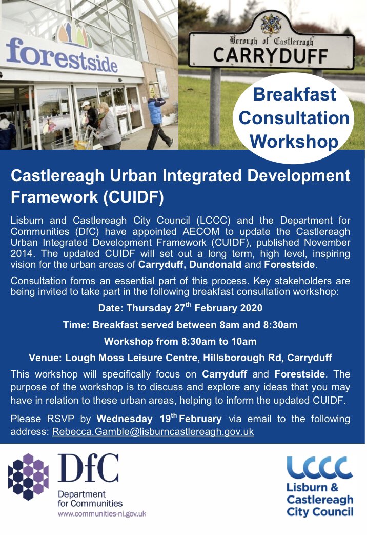 CllrSiLee's tweet photo. Castlereagh Urban Integrated Development Framework (CUIDF) consultation event at Lough Moss, Thursday 27th February at 8:30am. Have your say about the regeneration of Carryduff, Forestside, and Dundonald. https://t.co/VgpYCNPdKn
