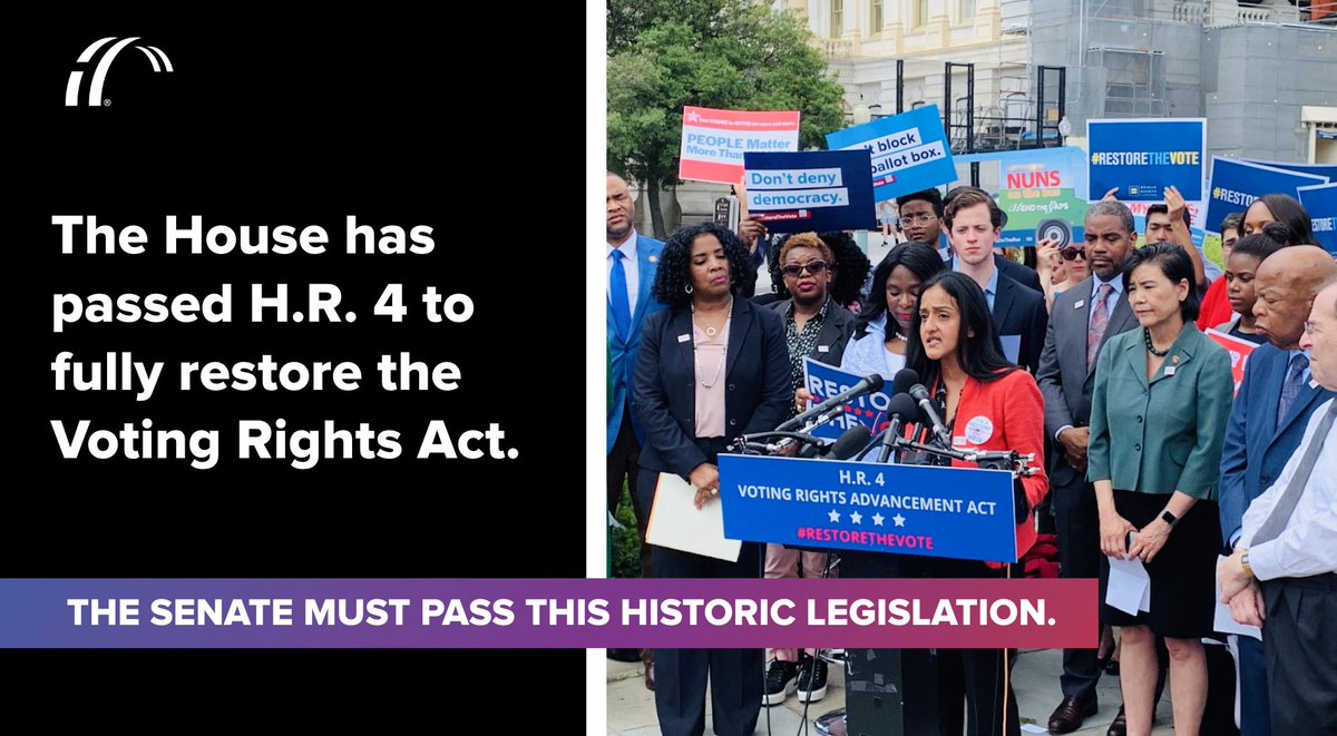 Graphic reads "The House has passed H.R. 4 to fully restore the Voting Rights Act. The Senate must pass this historic legislation." On the right side of the graphic, an image is displayed showing a press conference in support of H.R. 4 featuring Vanita Gupta, our president and CEO, alongside members of Congress and other advocates.