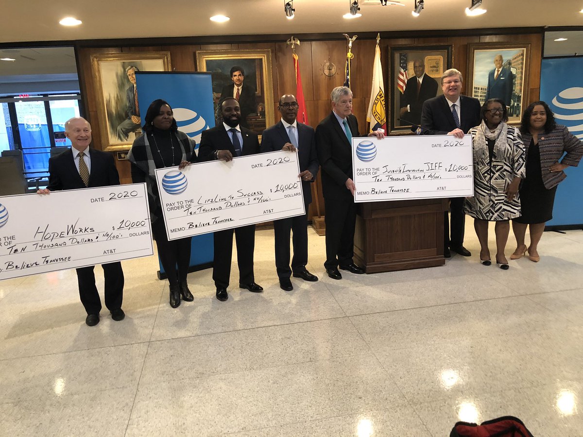 Thanks to <a href="/ATT/">AT&T</a> for their $30,000 grant to <a href="/whyhopeworks/">HopeWorks</a>, <a href="/JIFFyouth/">JIFF Youth Memphis</a>, <a href="/LifeLineSuccess/">LifeLine to Success</a>. These 3 groups are working hard every day to give hope &amp; a second chance to those who need it most. Thanks <a href="/KarenDCamper/">Leader Karen Camper</a> &amp; <a href="/SenAkbari/">Senator Raumesh Akbari</a> for their work to reform our criminal justice system.