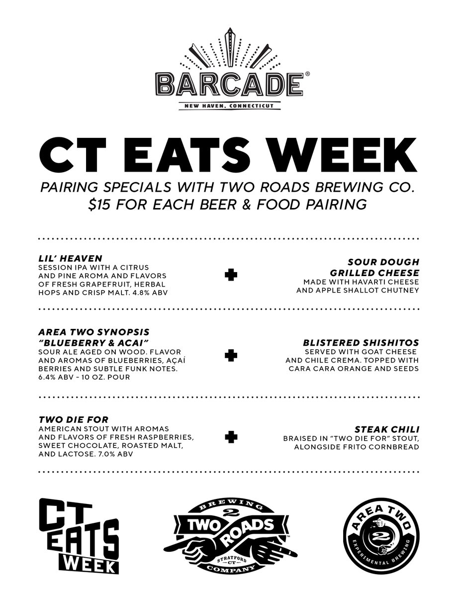 barcadenewhaven's tweet photo. Our pairing menu is AVAILABLE NOW for #CTEatsWeek! Working with our friends at @2RoadsBrewing—we paired three of our food specials with three of their beers. Each pairing costs just $15, now through Sunday! #Barcade #NewHaven #NHV #CT #GSCIA #ElmCity #TwoRoads https://t.co/IzNMh1Ig3V