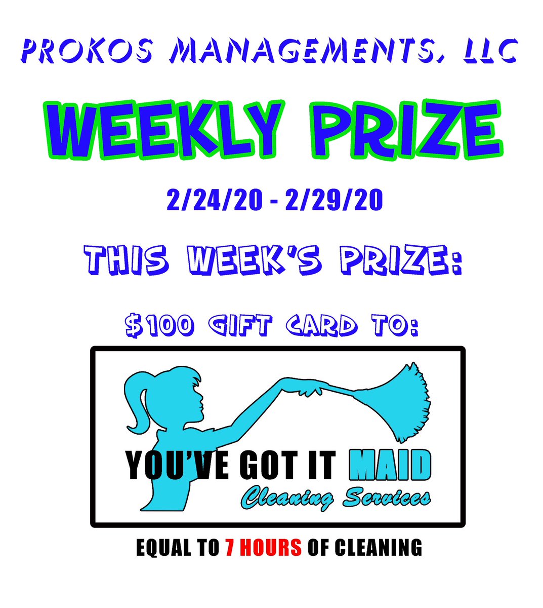 prokosrentals's tweet photo. Weekly Prize for 2/24/20 - 2/29/29: 🎁 $100 Gift Certificate to You’ve Got It Maid Cleaning Service! 🧹 Hop on over to our Facebook page, or Instagram for details! 🎉 #ohiouniversity #athens #athensohio #rentals https://t.co/jBWYs7PJSF