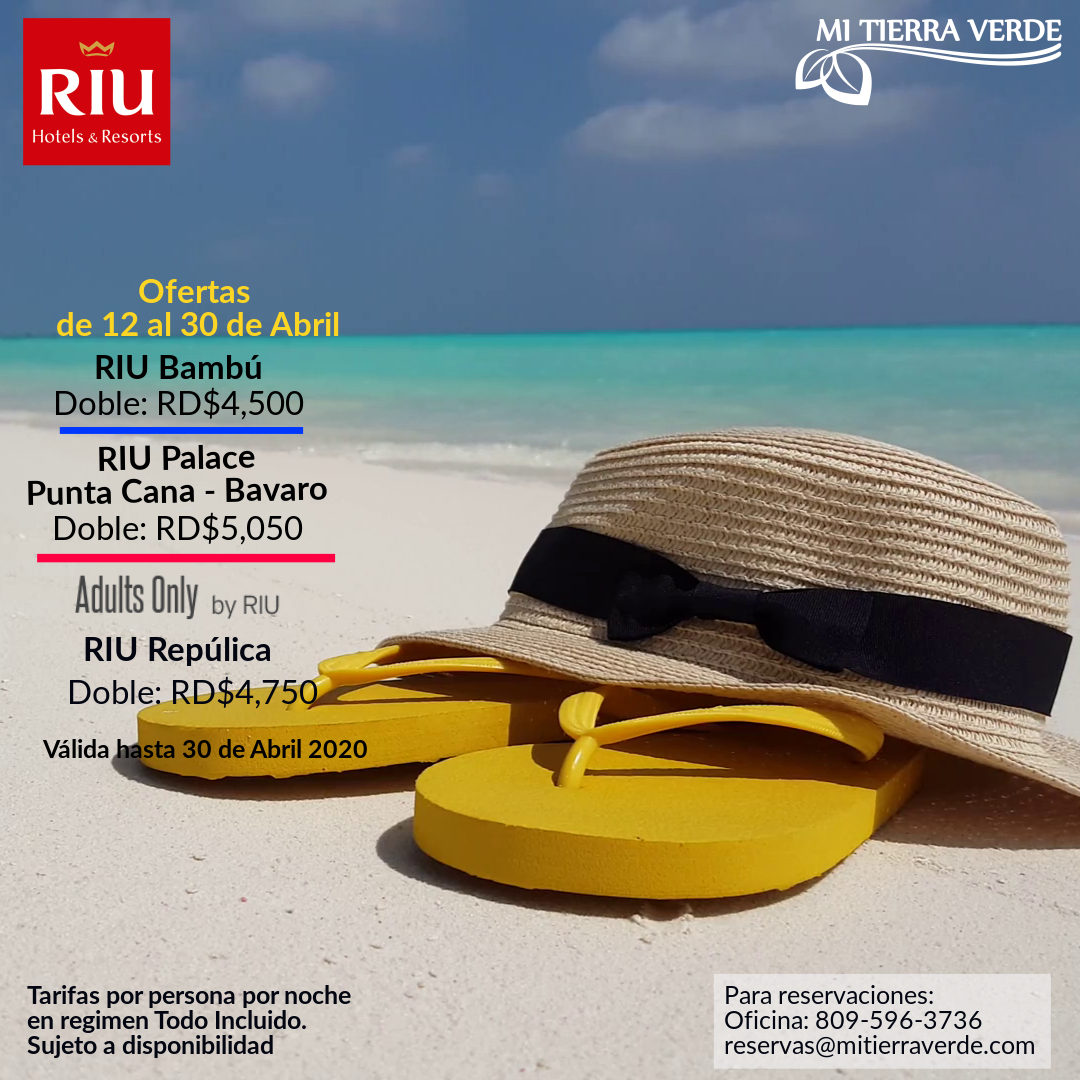 mitierraverde's tweet photo. #Oferta de los #Hoteles #Riu para el mes de  #Abril

Reserva Ya!
Contactos:
Oficina: +1809-596-3736
Flota: +1809-918-0283

#GodFirst #MiTierraVerde #RIUHotels #PuntaCana #WaterPark #Sun #Beach #Sean #Adultsonly #Vacation #Fun https://t.co/1nOJQdSn8z