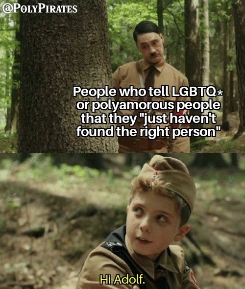 Polyam_Pirates's tweet photo. Were you told that you need to find the right one? That your relationship can't be real and they know you better than you know yourself? 

#polyamory #polymemes #memes #relationshipadvice #polypirates #polyamorymemes #jojorabbit #jojorabbitmemes #thankssatan https://t.co/o0ATm0RUW5