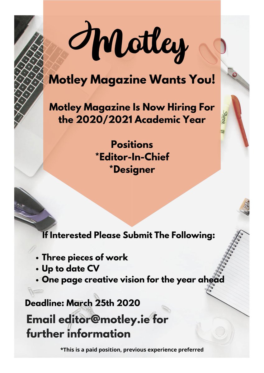 Have you got the creative drive to lead our fantastic publication into the future? 

If so then we are very excited to announce that Motley is now taking applications for the roles of Editor and Designer, for the 2020/2021 Academic year

Deadline is March 25th

#Motley #journojob
