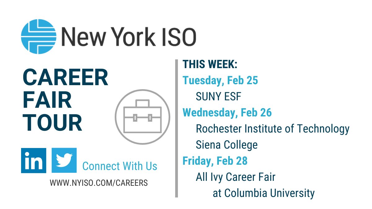 NewYorkISO's tweet image. It’s a busy week for college career fairs. We’re visiting @sunyesf, @RITtigers, @SienaCollege and the All Ivy Career Fair at @Columbia. Stop by to meet our team and talk about opportunities to be one of the #PeopleWhoPowerNY. For more info: bit.ly/2sUkenj  #NYISOcareers