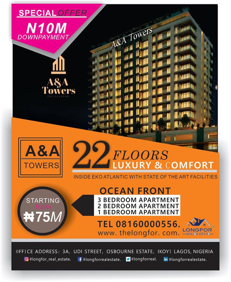 Welcome to one of the most impressive apartment in EKO ATLANTIC, the stunning penthouse of A&amp;A TOWERS, a gem on the island and a truly indulgent experience,this suite is a real find for those looking for the ultimate in luxury in EKO ATLANTIC.
+234 816 000 0556