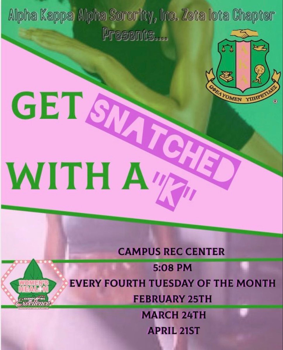 WIU_AKA's tweet photo. Our first workout will be TOMORROW February 25th! 

Come get SNATCHED with a “K” 💕💚

We will be at the Campus Rec Center every 4th Tuesday of the Month at 5:08!

#SKEEWEEYOUTHERE 🏋🏾���♀️
@AKA_UAC https://t.co/hjES6ScHuq