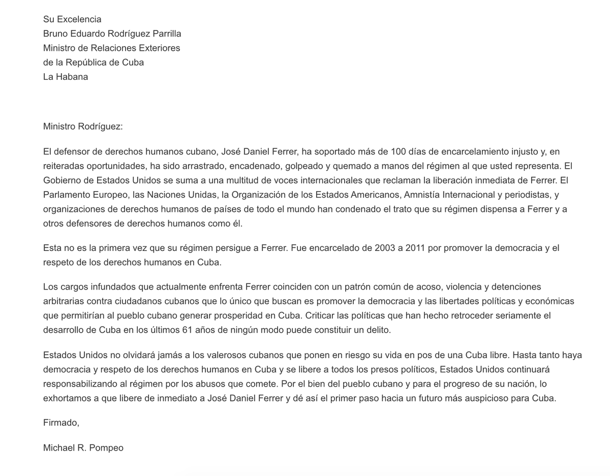 USAenEspanol's tweet image. Carta abierta del secretario de Estado, Michael R. Pompeo, al ministro de Relaciones Exteriores de Cuba, Bruno Rodríguez: translations.state.gov/2020/02/24/car…