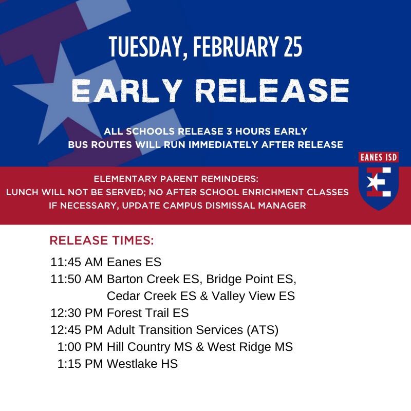 EISDCommEd's tweet image. EASY Care will be open from school dismissal until 6 PM. CDC will operate regular hours. Enrichment classes will not be held. Please remember to pack a lunch for EASY Care and CDC students! #EanesISD
