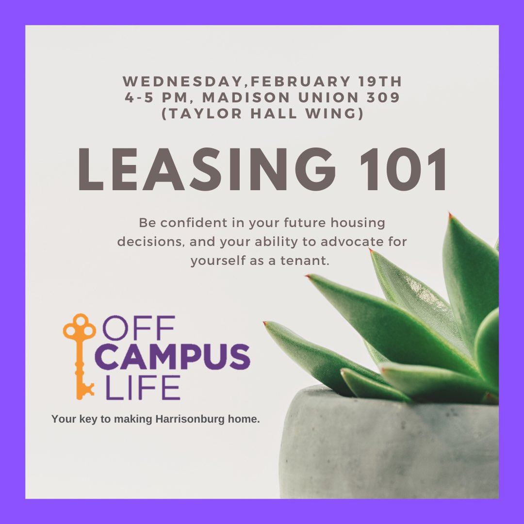 JMU_OCL's tweet photo. Join us for the Housing Fair this Wednesday! Come get all the information you need and then get all your leasing questions answered after at our leasing 101 workshop! https://t.co/zvZ8gfPnKh