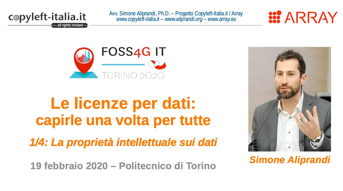 simonealiprandi's tweet image. La #proprietàintellettuale sui dati |  Parte 1 del seminario &quot;Le licenze per #dati: capirle una volta per tutte&quot; da me tenuto il 19 febbraio al @PoliTOnews per l&apos;evento #FOSS4Git 2020. VIDEO: youtu.be/FoGMxxDLdfU?t=… -- #opendata #datalicensing #bigdata #copyright #creativecommons
