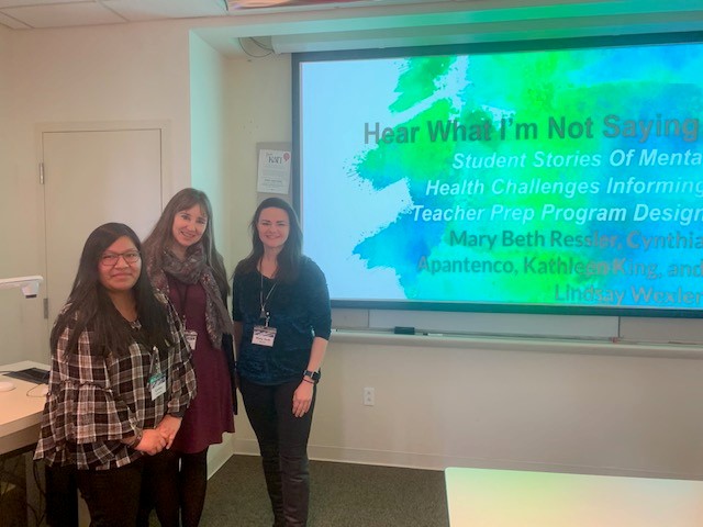 Cynthia Apantenco '19, Prof. Kathleen King and Dr. Mary Beth Ressler presented at NCTEAR at Vanderbilt University on "Hear What I’m Not Saying: Student Stories Of Mental Health Challenges Inform Teacher Preparation Program Design". Not pictured: Dr. Lindsay Wexler, co-presenter.
