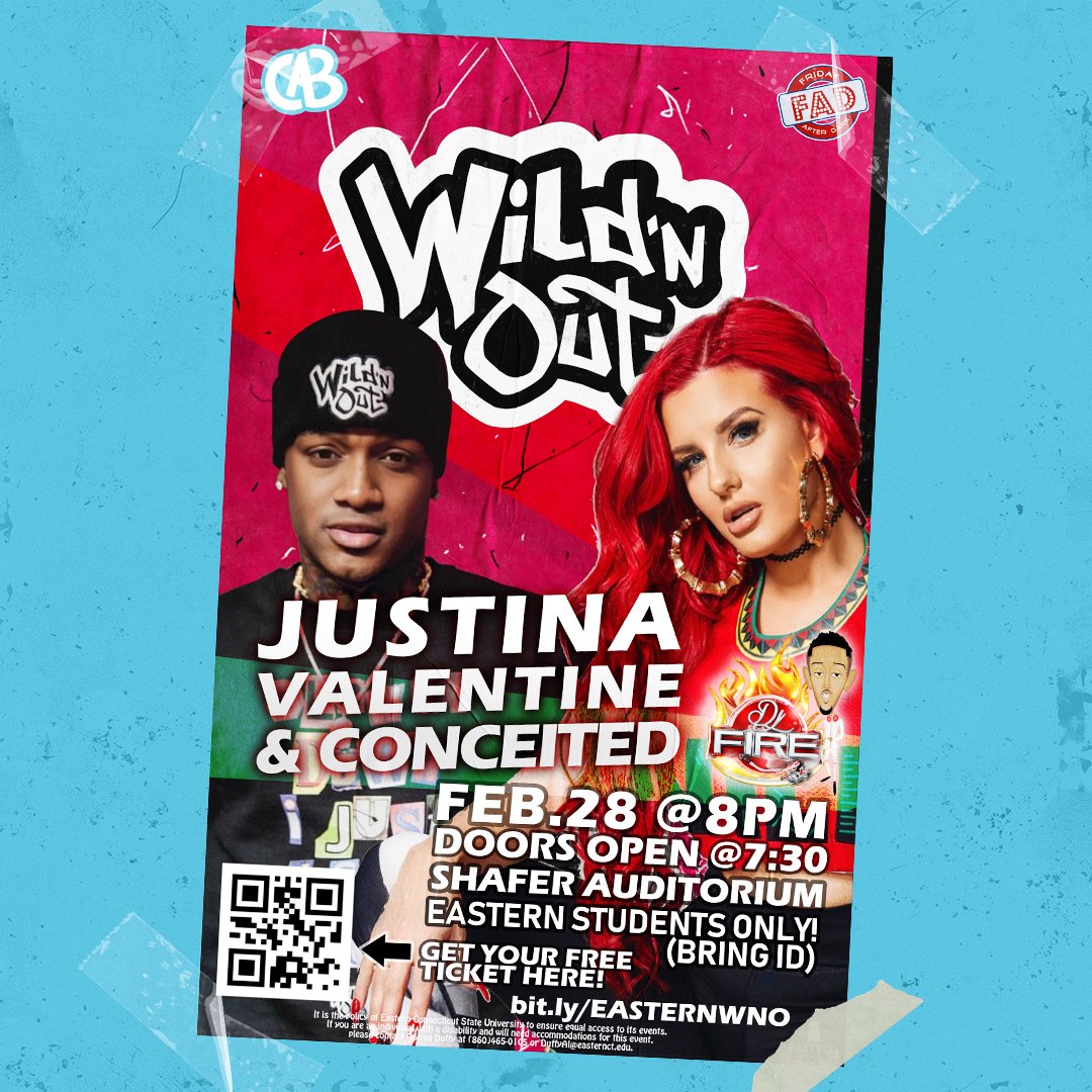 CAB and FAD have partnered together to bring you one epic night in Eastern history! Come down to Shafer auditorium Friday at 7:30PM to see Justine Valentine and Conceited from MTV’s Wild N Out! Get ready to play games and listen to music from DJ Fire!