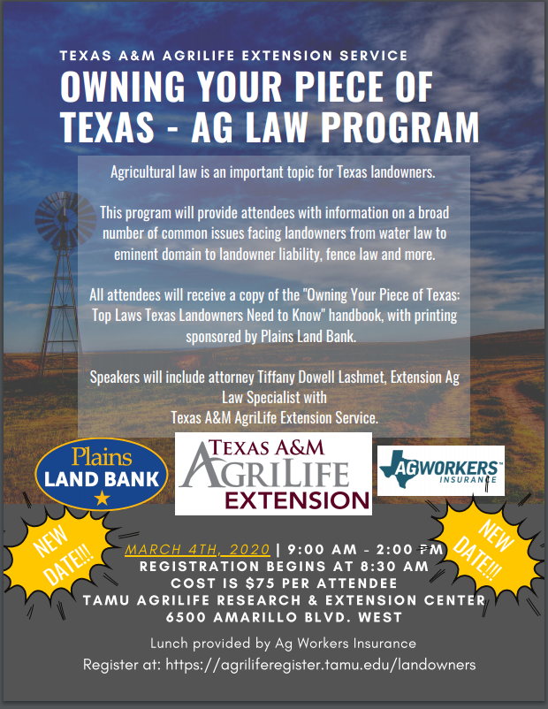 T-7 days until our Owning Your Piece of Texas ag law program in Amarillo! Hear <a href="/BradyAmber/">Amber Miller</a> &amp; me talk ag law, to eat your fill of fajitas for lunch &amp; to get your own hard copy of my ag law handbook!

agriliferegister.tamu.edu/productListing…

#aglaw #txlaw #texaslandowner <a href="/PlainsLandBank/">Plains Land Bank</a> <a href="/agworkers/">Ag Workers Insurance</a>