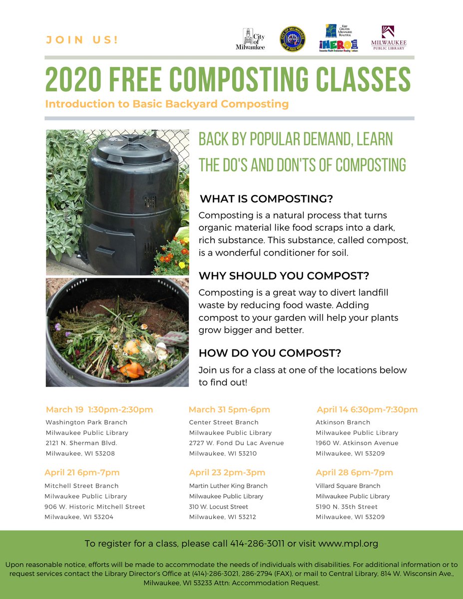 Back by popular demand, free Backyard Composting Classes for <a href="/cityofmilwaukee/">City of Milwaukee</a> residents brought to you by <a href="/MkeRecycles/">Milwaukee Recycles</a> <a href="/K_G_M_B/">KGMB</a> <a href="/MilwaukeePubLib/">Milwaukee Public Library</a>.  Classes run March 19 – April 28.

🥕🥬Composting is a great way to divert landfill waste and is great for your garden!🍅🥒