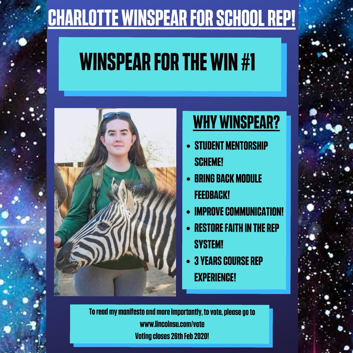 UoL Equestrian are happy to say we're endorsing our very own Sec, Charlotte Winspear, to be School Rep for Life Sciences! 
Go on over to lincolnsu.com/vote to show her your support! 

Remember, Winspear for the Win 🤘#WinspearfortheWin #LifeSciences #SchoolRep #WeAreLincoln