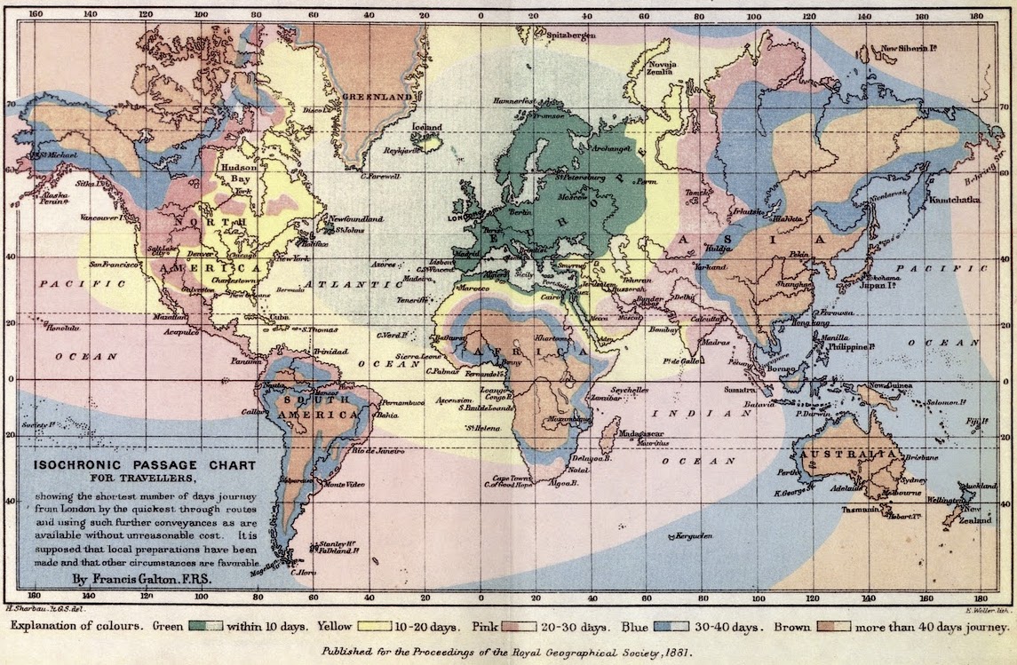 Stumbled on this Isochrone (a "same time" map) while WIkipedia diving. Fascinating to see how long it takes to get from London to all other parts of the world in 1881.