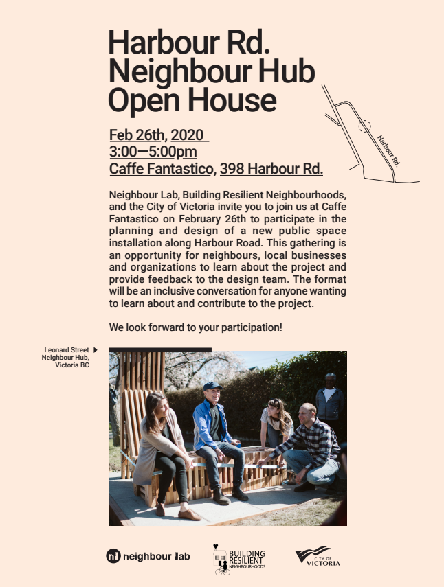 CityOfVictoria's tweet photo. Help plan & design a new public space installation! Join us at the Harbour Road Neighbour Hub Open House on WED FEB 26, 3-5pm at Caffe Fantastico. Get your FREE tickets: https://t.co/wKJmNnvwPz #yyj #yyjneighbours #neighbourhub @NeighbourLab @BRNeighbours https://t.co/WBJb3FzstB