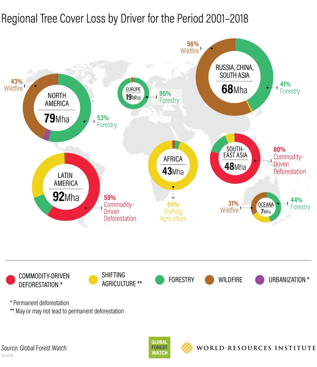 Global #treecoverloss increased in 2016-18 to 20-30 million ha/year.

#1 driver of this 🌲🌳 loss continues to be agriculture (red and yellow bars)—both for new pastureland &amp; new cropland. 

Learn more: ow.ly/IrlP50yurU7 

<a href="/TSC_News/">TSC</a> <a href="/globalforests/">Global Forest Watch</a> #deforestation #dataviz