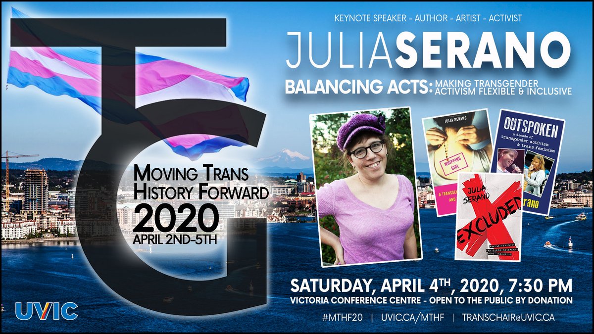 TransArchives's tweet photo. 🚨KEYNOTE ANNOUNCEMENT🚨Julia Serano is the #MTHF20 Saturday April 4th evening keynote! "Balancing Acts: Making Transgender Activism Flexible and Inclusive.” Author of "Excluded," "Whipping Girl," &amp; "Outspoken.”  REGISTER NOW! https://t.co/HRoU0dyz3G  #uvic #yyj #trans #yyjtrans https://t.co/m63yaotMWK