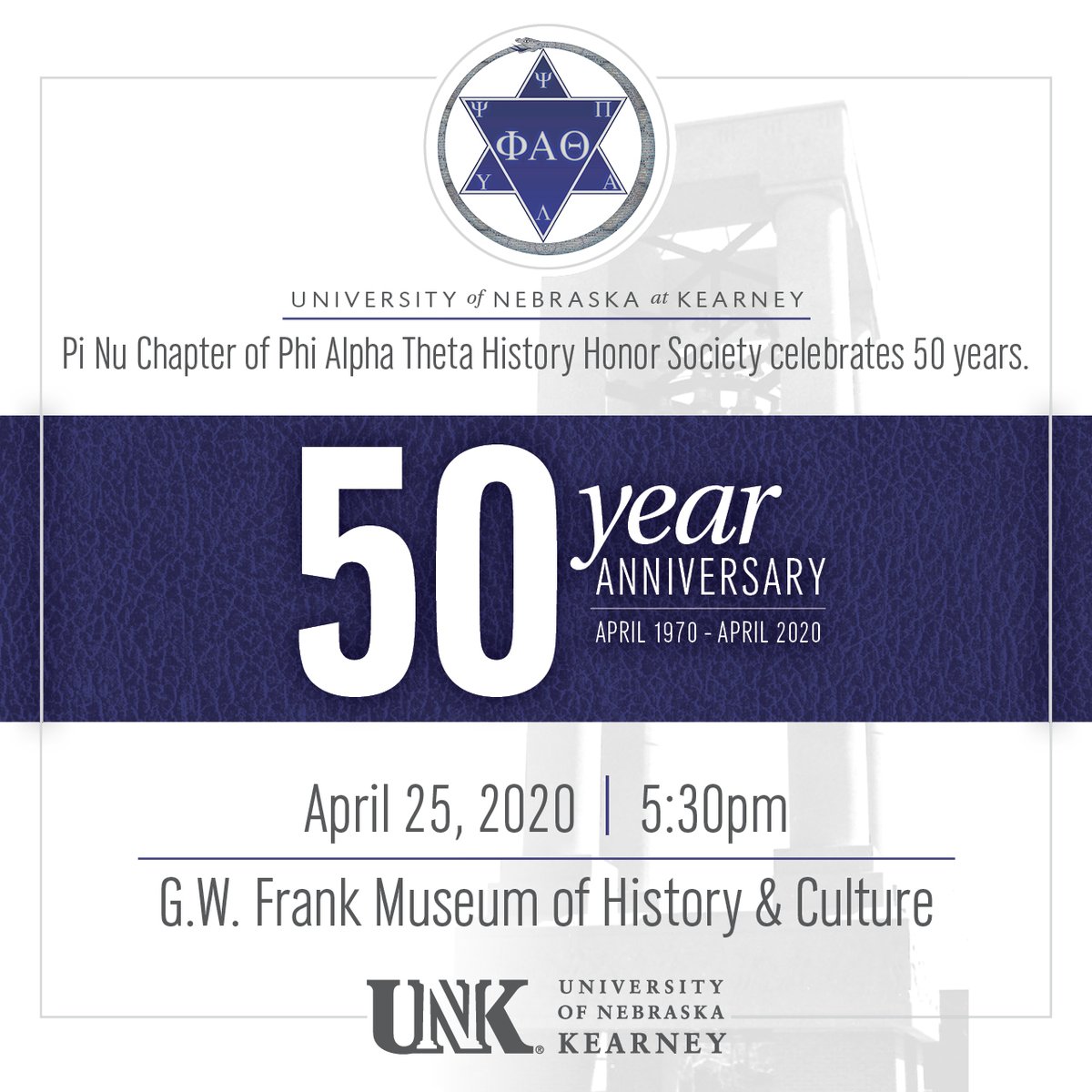 UNKPAT_PiNu's tweet photo. @UNKPAT_PiNu Chapter of @myphialphatheta invites you to celebrate 50 years on April 25th @frankmuseum. This event is free and open to the public. Please RSVP by 3/31 to David Vail (@DavidVailPhD) at vaildd@unk.edu or 308.865.8509. @UNKHistory @cas_unk @Hobo_History @ProfRDavis https://t.co/hTQUdtcKUf