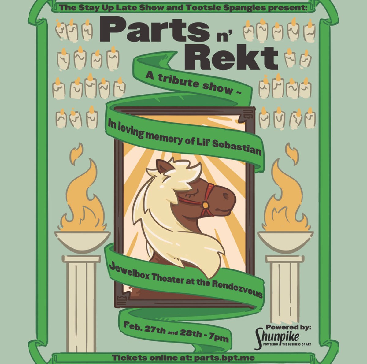 This week's featured poster from <a href="/theSULshow/">Stay Up Late Show</a> celebrates a true equine icon. Did we mention we love a good (bad) pun? Art by Star Badger Designs. Check out the event at bit.ly/partsnrekt #lilsebastian