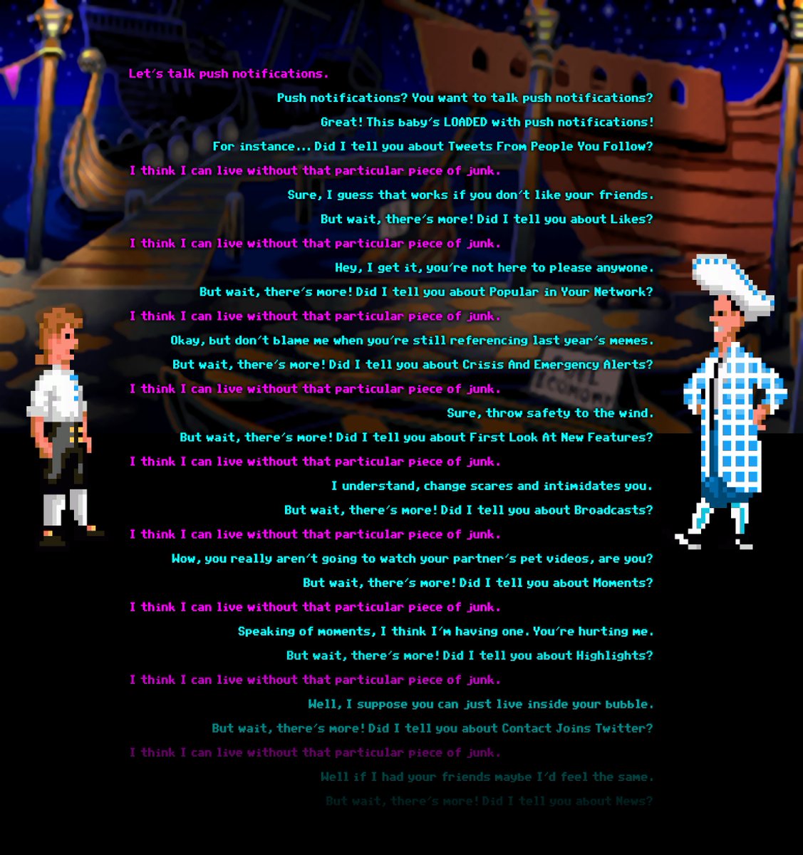 Guybrush Threepwood talking to Stan from Stan's Used Ship Emporium, rejecting one by one Stan's various Twitter push notification settings. Stan is dressed in Twitter blue and white.