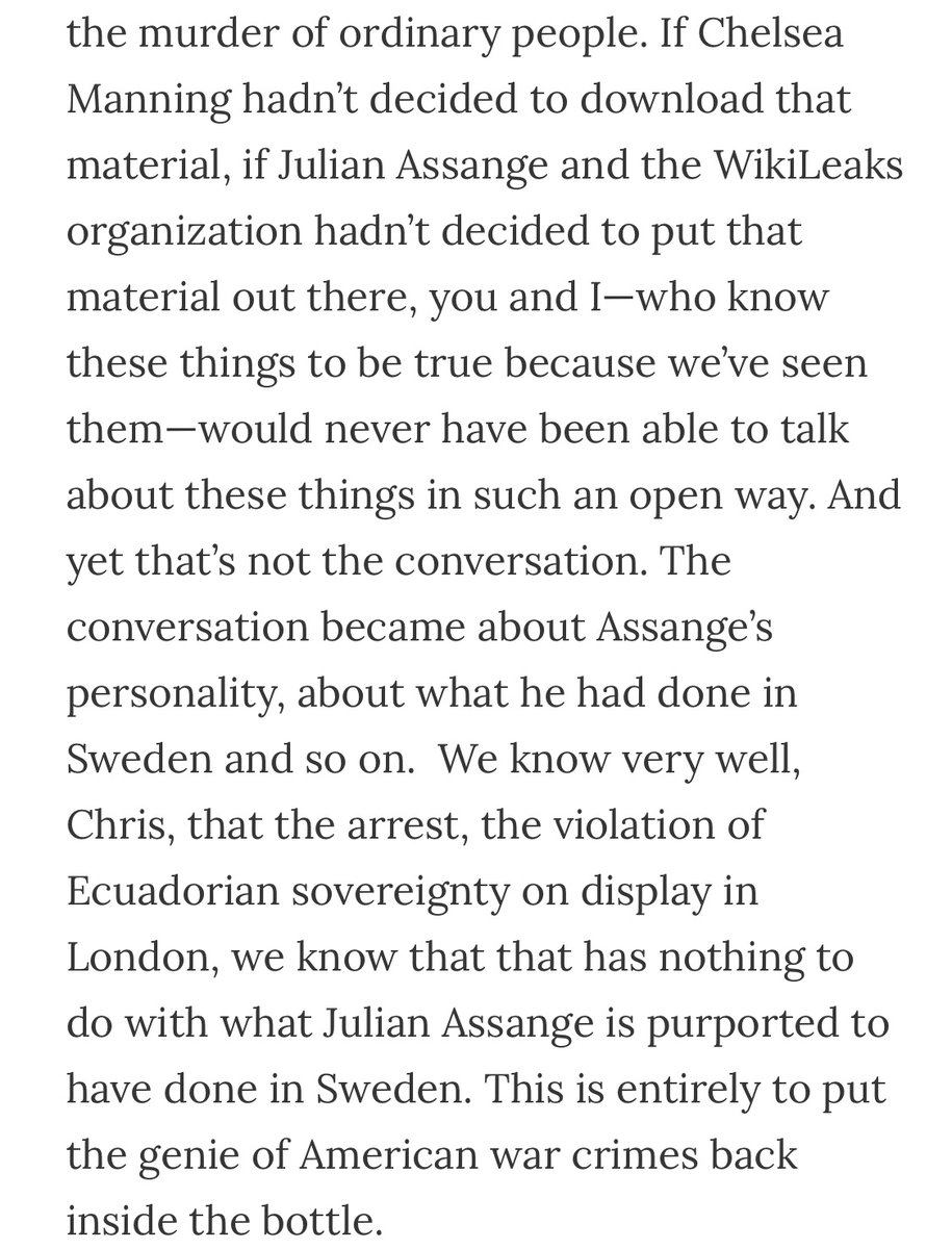This insightful discussion between  @ChrisLynnHedges &  @vijayprashad explores matters related to  #JulianAssange ‘s arrest and treatment with remarkable clarity & depth https://www.truthdig.com/articles/first-julian-assange-then-us/Excerpts in pics below  #FreeAssangeNOW  #AssangeCase 8/