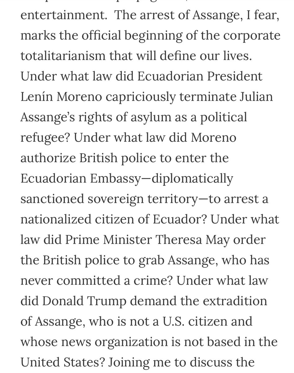 This insightful discussion between  @ChrisLynnHedges &  @vijayprashad explores matters related to  #JulianAssange ‘s arrest and treatment with remarkable clarity & depth https://www.truthdig.com/articles/first-julian-assange-then-us/Excerpts in pics below  #FreeAssangeNOW  #AssangeCase 8/