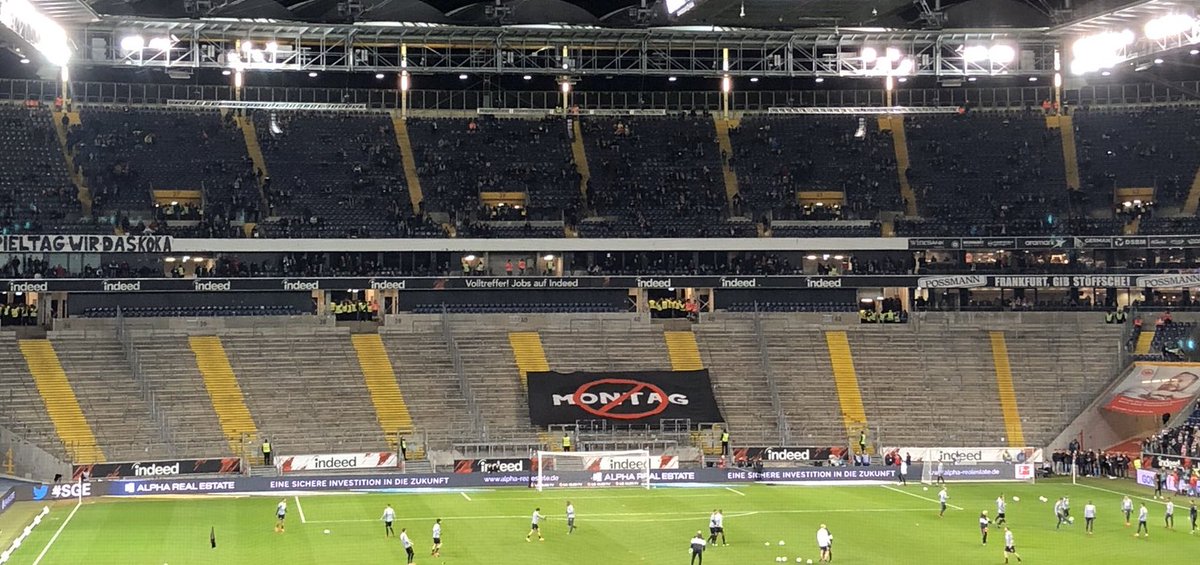 #Eintracht #Frankfurt supporters leaving their standing terrace empty at home to 1. FC #Union #Berlin this evening in protest at Monday night football, which is set to be discontinued in the #Bundesliga as of 2021-22.

Background for <a href="/dw_sports/">DW Sports</a> ➡️ dw.com/en/bundesliga-…
