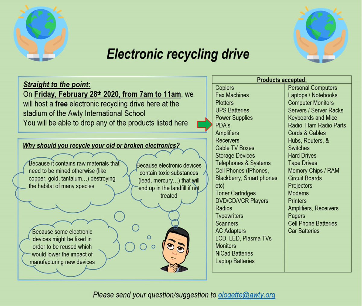awtyintlschool's tweet photo. REMINDER: Awty will host its annual Electronics Recycling Drive on Friday, February 28 from 7:00 to 11:00 a.m. at the Awty Field (athletics stadium). This electronics drive is free and open to the community! On your way to school, drive by the stadium. #Awty1920 #Recycling https://t.co/R8lh05JZcC
