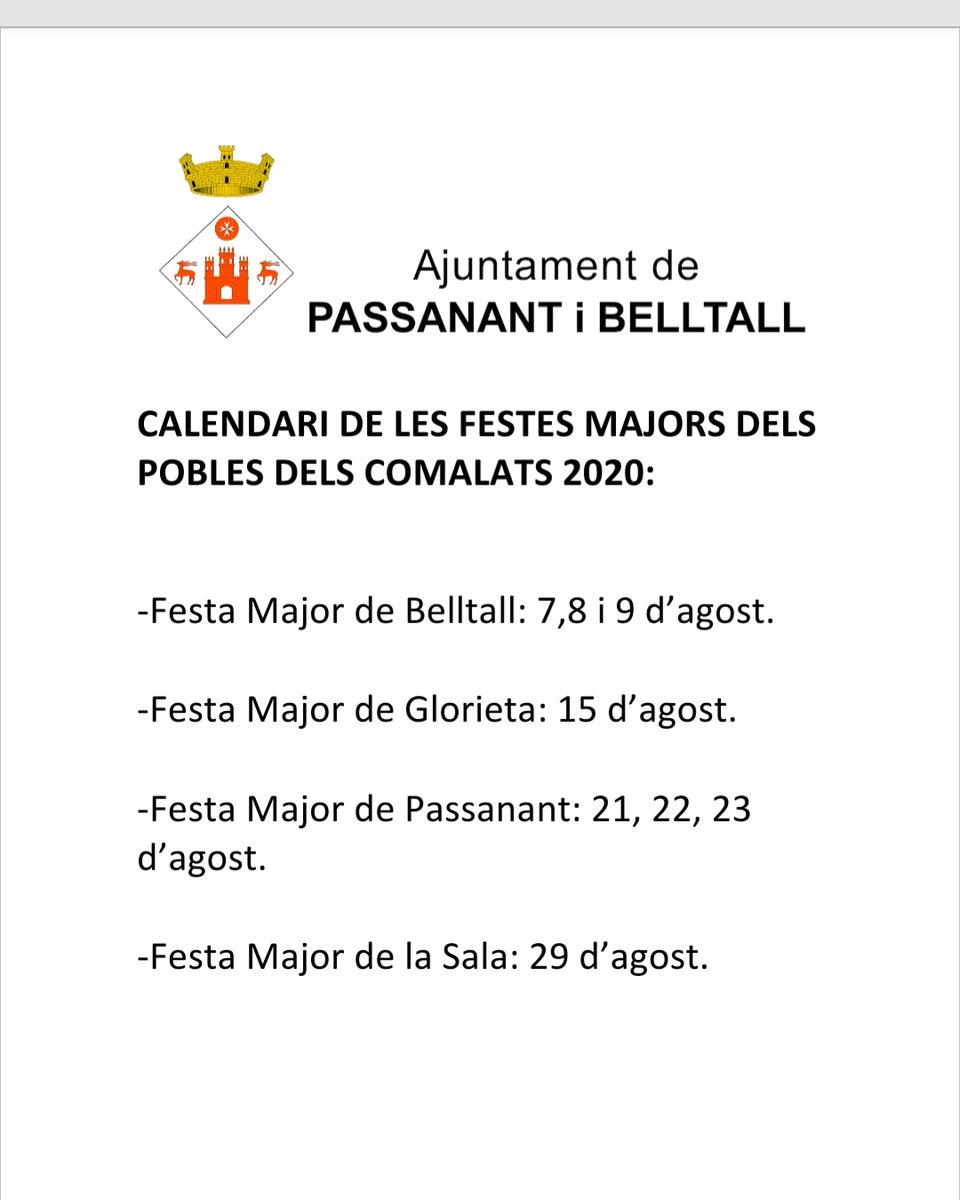 IBelltall's tweet photo. Calendari de lesFestes Majors dels pobles dels Comalats!! Agafeu agenda!!! #somcomalats #belltall #lapobladeferran #lasaladecomalats #elfonoll #glorieta #passanant #consellconca #concadebaberà #dipta #lavalldelcorb #baixasegarra https://t.co/lNQ2kLvAWS