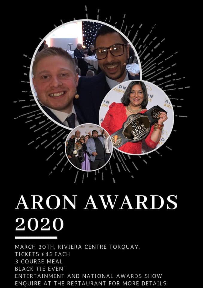 ARON Awards arrives in the English Riviera Monday March 30th 2020.  3 course Asian menu, entertainment 
Rehan and Jack will be taking you on a journey, with star studded restaurantures across the UK

Drop us a message if you would like to book in #torbayhour #boosttorbay