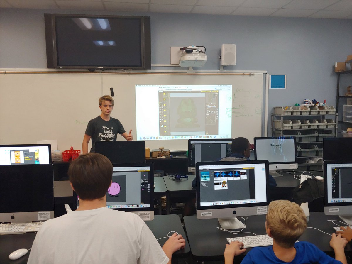 EdTechImagineer's tweet photo. One of our students, Will, taking his expertise in creating sprites and teaching the rest of the class (incl me) about how to create custom sprites using @piskelapp for our python game we are coding. Really loving this platform! #steamedchat #stemedchat https://t.co/DLqoByj4pu