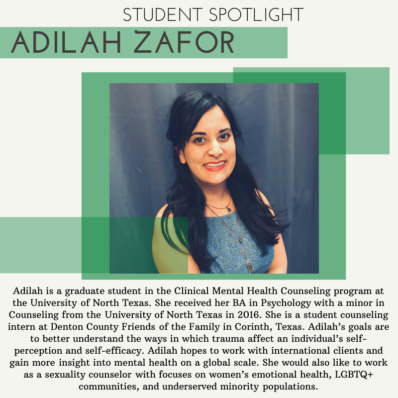 BTIIC_Project's tweet photo. Student SPOTLIGHT: Adilah Zafor
Adilah is a student counseling intern at Denton County Friends of the Family in Corinth, Texas. Adilah’s goals are to better understand the ways in which trauma affect an individual’s self-perception and self-efficacy. #ICBHproject #SPOTLIGHT https://t.co/eWLP7IL0Hw