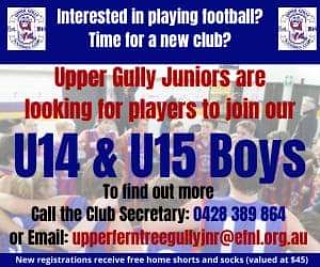 Post from Junior club
Recruiting U14 &amp; U15 Boys. 
Looking for a change of club? Interested in playing with a club that offers a pathway to senior football?
U14 Born beyween 1/1/06 and 30/12/06
U15 Born between 1/1/05 and  30/12/05
Contact Club Secretary on 0428 389 864