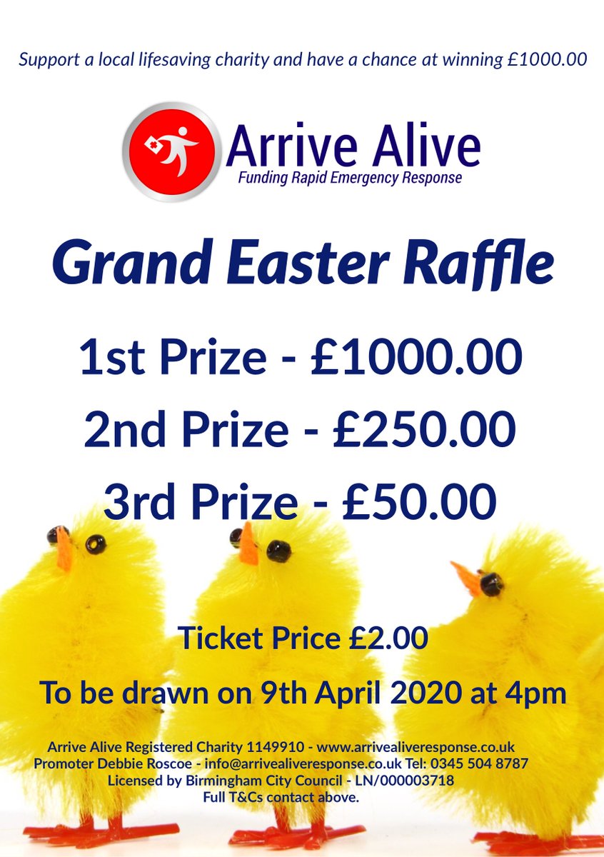 AlexOscarPet's tweet photo. We are proud to support a number of local charities, including @Arrive_AliveUK .  They have a Grand Easter Raffle, of which the first prize is £1,000 😀  Please message us if you would like a raffle ticket - this is a great chance to win big and support a good cause! https://t.co/q7NPeWyH4W