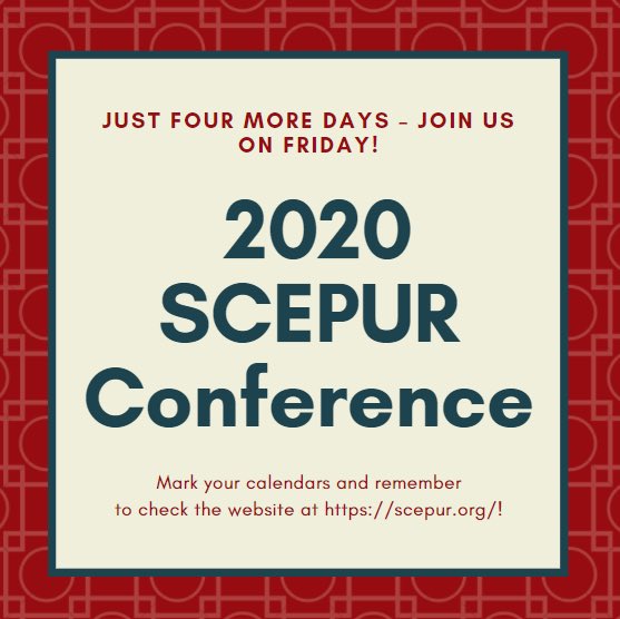 2020 SCEPUR Conference is THIS week!Don’t worry if you missed early registration;you can come to the conference and register onsite!Wondering what presentations are happening at SCEPUR this year?Go to the website and check out the Conference Info page for the presentation titles!