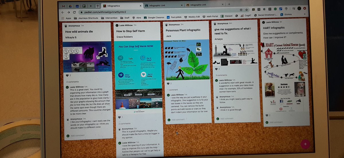 MissWithrow217's tweet photo. Today Ss are using @padlet to post their infographics for peer review. They must give compliments and suggestions to continue in the drafting process. #thisisMEtsd #talawandaempowers @TSDMarshall https://t.co/8XbBcBFyZy