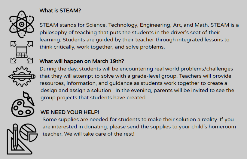 MacLeodAtNye's tweet photo. We are excited to announce our first annual STEAM Day at Nye on March 19th! During the day, students will be engaged in critical thinking, collaboration, communication, and creativity as they navigate challenges that include Science, Technology, Engineering, Art, and Math! https://t.co/6uyd7JKB3Y
