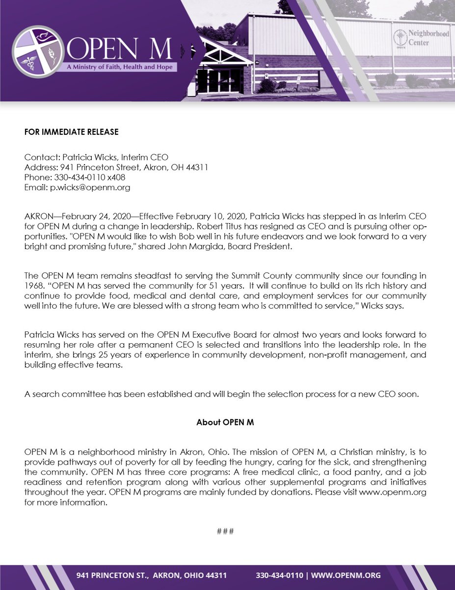 Please pray for us during this transition as we welcome Patricia Wicks as OPEN M Interim CEO!