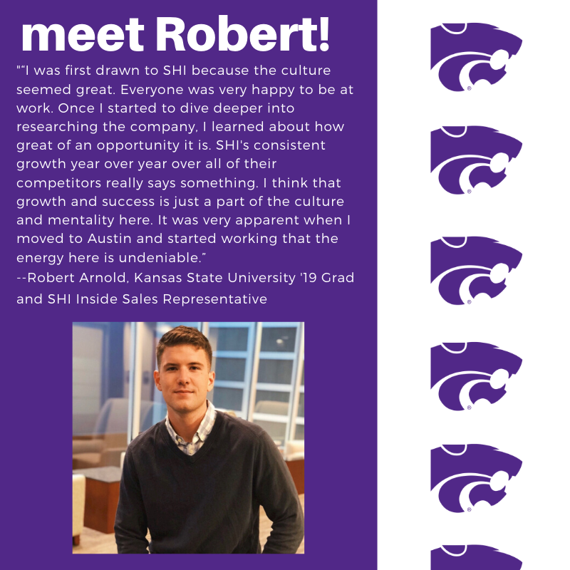 SHIRecruiter's tweet photo. Robert is an all-star @KState grad who came to join our team at @SHI_Intl. We can't wait get to know more Wildcats during Sales Week! Make sure to stop by the Sales Career Fair tomorrow to learn about our sales academy program.
#ComeSHIneWithUs #shiUniversity https://t.co/BX9BBWHKKB